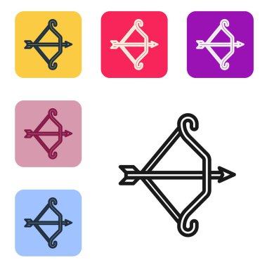 Beyaz arka planda izole edilmiş siyah çizgi ortaçağ yayı ve ok simgesi. Ortaçağ silahı. Renkli kare düğmelerle simgeleri ayarla. Vektör.