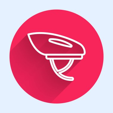 Beyaz çizgi bisiklet başlığı ikonu uzun gölgeli izole edilmiş. Olağanüstü bir spor. Spor malzemeleri. Kırmızı daire düğmesi. Vektör.