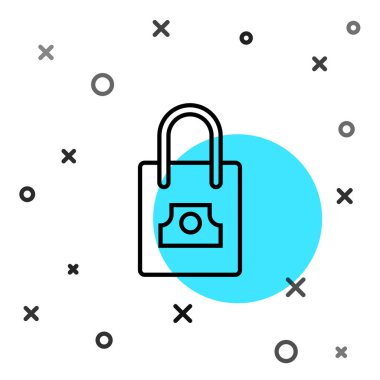 Beyaz arka planda izole edilmiş sprey kapaklı siyah çizgi kâğıt alışveriş torbası. Rastgele dinamik şekiller. Vektör.