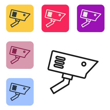 Siyah çizgi güvenlik kamerası simgesi beyaz arkaplanda izole edildi. Renkli kare düğmelerle simgeleri ayarla. Vektör.