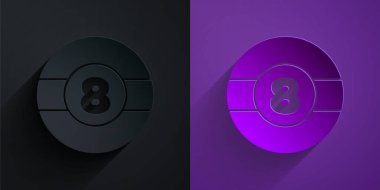 Kağıt bilardo bilardo topunu kesti. Mor arka planda siyah üzerine 8 numaralı ikon izole edildi. Kağıt sanatı tarzı. Vektör.