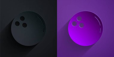 Kağıt kesikli bowling topu simgesi mor arka planda siyah üzerine izole edilmiş. Spor malzemeleri. Kağıt sanatı tarzı. Vektör.