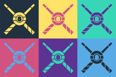 Pop Art, bilardo ıstakalarını kesiştirdi ve top ikonu renkli arka planda izole edildi. Vektör.