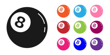 Siyah bilardo bilardo topu. Beyaz arka planda 8 numaralı ikon izole edilmiş. Simgeleri renklendirin. Vektör.