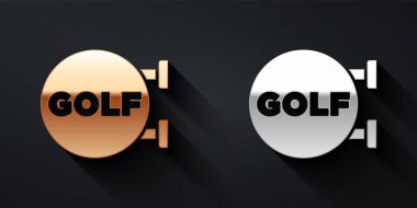 Siyah arka planda izole edilmiş altın ve gümüş golf kulübü ikonu. Uzun gölge tarzı. Vektör.