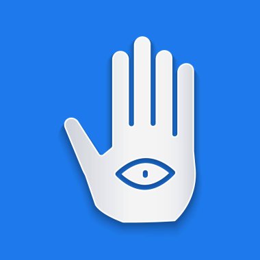 Kağıt kesiği Hamsa el simgesi mavi arkaplanda izole edilmiş. Fatima 'nın eli - muska, şeytanın gözünden korunmanın sembolü. Kağıt sanatı tarzı. Vektör.