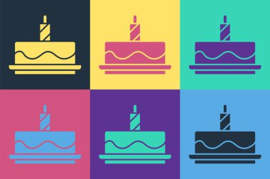 Renkli arka planda izole edilmiş yanan mum ikonlu Pop Art Cake. Doğum günün kutlu olsun. Vektör.