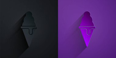 Kağıt kesikli dondurma külahında mor arka planda siyah renkte izole edilmiş dondurma. Güzel sembol. Kağıt sanatı tarzı. Vektör.