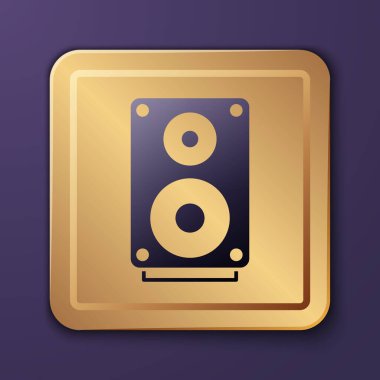 Mor Stereo hoparlör ikonu mor arkaplanda izole edildi. Ses sistemi hoparlörleri. Müzik ikonu. Müzikal sütun hoparlörü. Altın kare düğme. Vektör.