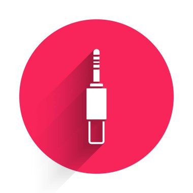 Beyaz Ses Jack simgesi uzun gölgeli izole edildi. Bağlantı ses ekipmanları için ses kablosu. Fiş kablosu. Müzik aleti. Kırmızı daire düğmesi. Vektör.