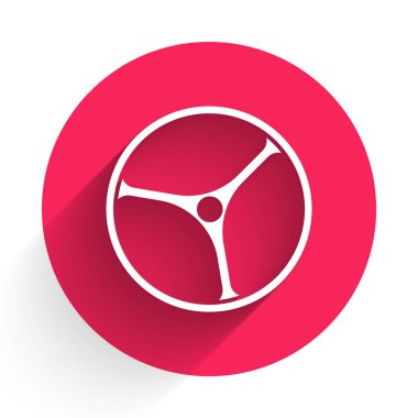 Beyaz bisiklet tekerleği ikonu uzun gölgeli izole edilmiş. Bisiklet yarışı. Olağanüstü bir spor. Spor malzemeleri. Kırmızı daire düğmesi. Vektör.