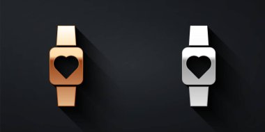 Altın ve gümüş saat siyah arkaplanda kalp atışı ikonunu gösteriyor. Fitness uygulaması konsepti. Uzun gölge tarzı. Vektör.