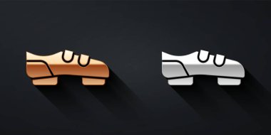 Siyah arka planda izole edilmiş altın ve gümüş triatlon bisiklet ayakkabı ikonu. Spor ayakkabılar, bisiklet ayakkabıları. Uzun gölge tarzı. Vektör.