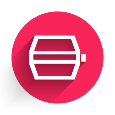 Uzun gölgeli beyaz bisiklet pedalı simgesi. Kırmızı daire düğmesi. Vektör.