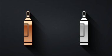 Siyah arkaplanda altın ve gümüş renkli kalem simgesi var. Uzun gölge tarzı. Vektör.