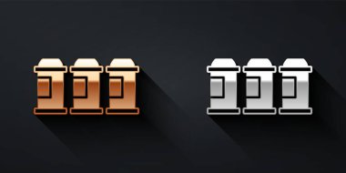 Siyah arkaplanda altın ve gümüş renkli boya spreyi ikonu var. Uzun gölge tarzı. Vektör.