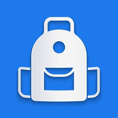 Kağıt kesiği okul sırt çantası simgesi mavi arkaplanda izole edildi. Kağıt sanatı tarzı. Vektör.