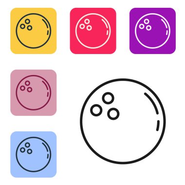 Siyah çizgi bowling topu simgesi beyaz arkaplanda izole edildi. Spor malzemeleri. Renkli kare düğmelerle simgeleri ayarla. Vektör.