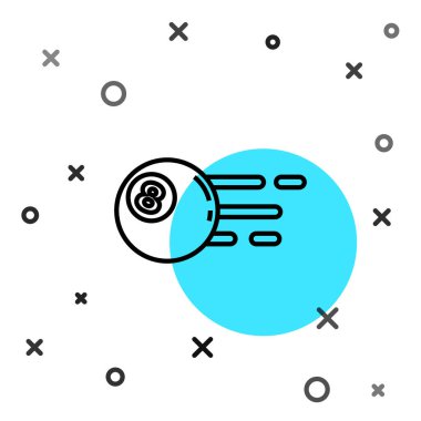 Siyah çizgi bilardo bilardo topu. Beyaz arka planda 8 numaralı ikon izole edilmiş. Rastgele dinamik şekiller. Vektör.