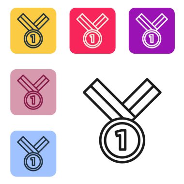 Beyaz arka planda siyah çizgi golf ikonu izole edildi. Kazanan başarı işareti. Ödül madalyası. Renkli kare düğmelerle simgeleri ayarla. Vektör.