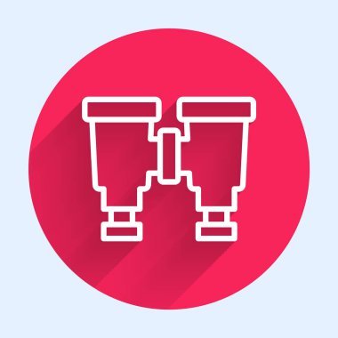 Uzun gölgeli beyaz çizgi dürbün simgesi. Yazılım işareti bul. Casus ekipman sembolü. Kırmızı daire düğmesi. Vektör.