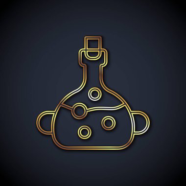 Siyah arka planda izole edilmiş, şişe ikonundaki altın çizgili zehir. Bir şişe zehir ya da zehirli kimyasal toksin. Vektör.