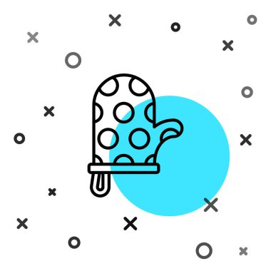 Siyah çizgili fırın ikonu beyaz arkaplanda izole edilmiş. Mutfak tutacağı işareti. Yemek eldiveni. Rastgele dinamik şekiller. Vektör.