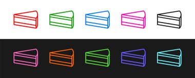 Siyah beyaz arkaplanda izole edilmiş bir parça kek simgesi belirle. Doğum günün kutlu olsun. Vektör.