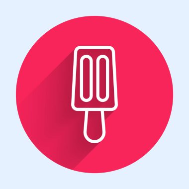 Uzun gölgeli çubuk ikonunda beyaz çizgi dondurma. Güzel sembol. Kırmızı daire düğmesi. Vektör.