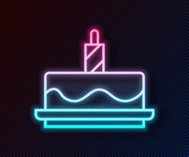 Siyah arkaplanda izole edilmiş yanan mum simgesiyle parlayan neon çizgi pastası. Doğum günün kutlu olsun. Vektör.