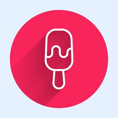 Uzun gölgeli çubuk ikonunda beyaz çizgi dondurma. Güzel sembol. Kırmızı daire düğmesi. Vektör.