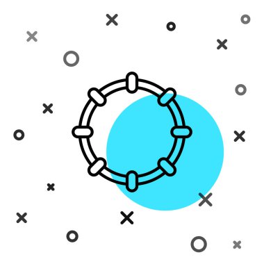 Siyah çizgi müzik aleti perküsyon tef, metal plaka ikonu beyaz arka planda izole. Rastgele dinamik şekiller. Vektör.