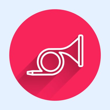 Uzun gölgeli beyaz çizgi müzik aleti trompet ikonu. Kırmızı daire düğmesi. Vektör.