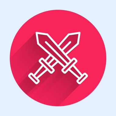 Beyaz çizgi, ortaçağ kılıç simgesini uzun gölgeli izole etti. Ortaçağ silahı. Kırmızı daire düğmesi. Vektör.