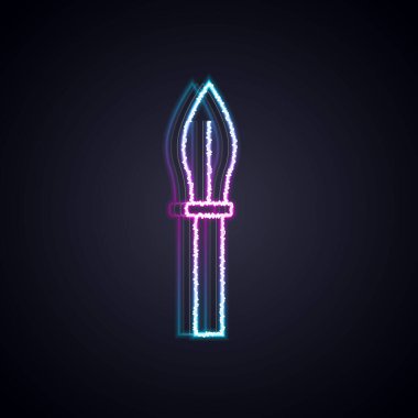 Parlayan neon hattı Ortaçağ mızrak simgesi siyah arkaplanda izole edildi. Ortaçağ silahı. Vektör.