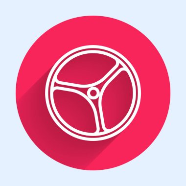 Beyaz çizgili bisiklet tekeri ikonu uzun gölgeli izole edilmiş. Bisiklet yarışı. Olağanüstü bir spor. Spor malzemeleri. Kırmızı daire düğmesi. Vektör.