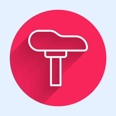 Beyaz çizgi bisiklet koltuğu ikonu uzun gölgeli izole edilmiş. Bisiklet eyeri. Kırmızı daire düğmesi. Vektör.