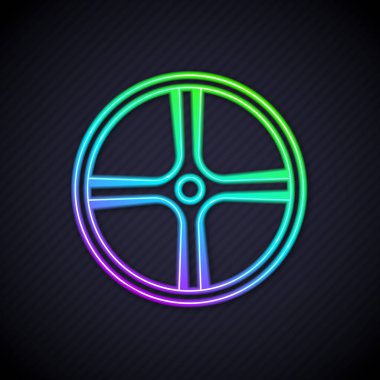 Parlayan neon çizgisi bisiklet tekeri simgesi siyah arkaplanda izole edildi. Bisiklet yarışı. Olağanüstü bir spor. Spor malzemeleri. Vektör.