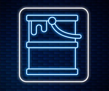 Parlayan neon çizgisi, tuğla duvar arka planında izole edilmiş kova boya ikonu. Vektör.