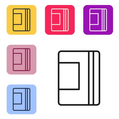 Siyah çizgi Not Defteri simgesi beyaz arkaplanda izole edildi. Spiral not defteri simgesi. Okul defteri. Yazı tahtası. Okul günlüğü. Renkli kare düğmelerle simgeleri ayarla. Vektör.