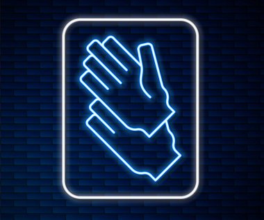 Parlayan neon çizgisi lastik eldiven ikonu tuğla duvar arka planında izole edilmiş. Lateks el koruması işareti. Ev işi temizlik ekipmanları sembolü. Vektör.