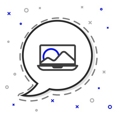 Dizüstü bilgisayar simgesi beyaz arkaplanda izole edildi. Boş ekran işaretli bilgisayar defteri. Renkli taslak konsepti. Vektör İllüstrasyonu.