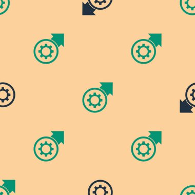 Yeşil ve siyah dişli ve oklar iş akışı konsept ikonu olarak izole edilmiş bej arkaplan üzerinde pürüzsüz desen. Vites doldurma tabelası. Vektör İllüstrasyonu.