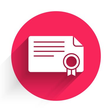 Beyaz Sertifika şablon simgesi uzun gölgeli izole edildi. Başarı, ödül, diploma, burs, diploma kavramları. Kırmızı daire düğmesi. Vektör.