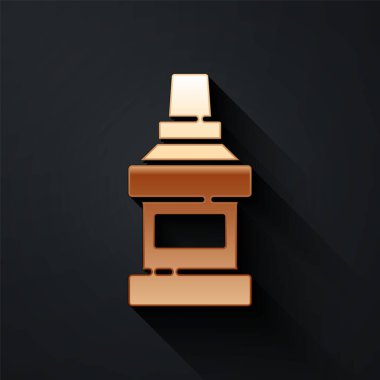 Altın ağız gargarası plastik şişe simgesi siyah arkaplanda izole edilmiş. Ağzını çalkalamak için sıvı. Ağız bakım ekipmanları. Uzun gölge tarzı. Vektör.