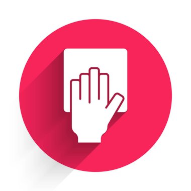 Beyaz Temizlik servisi simgesi uzun gölgeli izole edildi. Kırmızı daire düğmesi. Vektör.