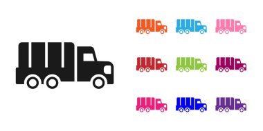 Beyaz arka planda siyah askeri kamyon ikonu var. Simgeleri renklendirin. Vektör.