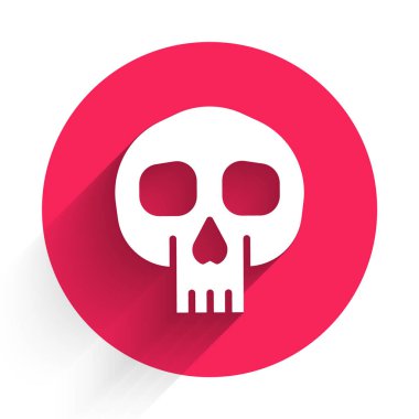 Beyaz Kafatası simgesi uzun gölgelerle izole edilmiş. Kırmızı daire düğmesi. Vektör.