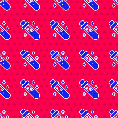 Kırmızı arka planda iksir ikonu olan mavi şişe izole edilmiş kusursuz desen. Sihirli iksirli matara. Vektör.