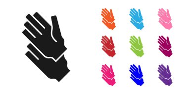 Siyah lastik eldiven ikonu beyaz arkaplanda izole edilmiş. Lateks el koruması işareti. Ev işi temizlik ekipmanları sembolü. Simgeleri renklendirin. Vektör.